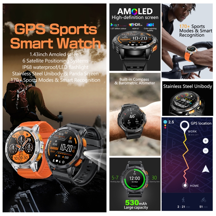 LEMFO K67 1,43-Zoll-AMOLED-Bildschirm GPS-Sport-Smartwatch, unterstützt Bluetooth-Anrufe/Gesundheitsüberwachung (schwarz)